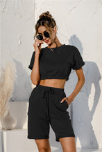 Load image into Gallery viewer, Short Sleeve Cropped Top and Drawstring Shorts Lounge Set