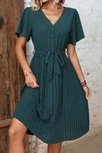 Load image into Gallery viewer, Buttoned V-Neck Flutter Sleeve Pleated Dress