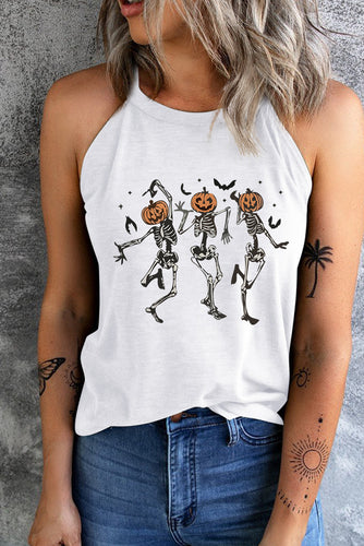 Round Neck Dancing Pumpkin Head Skeleton Graphic Tank