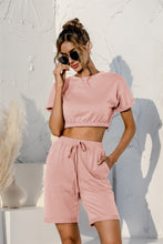Load image into Gallery viewer, Short Sleeve Cropped Top and Drawstring Shorts Lounge Set